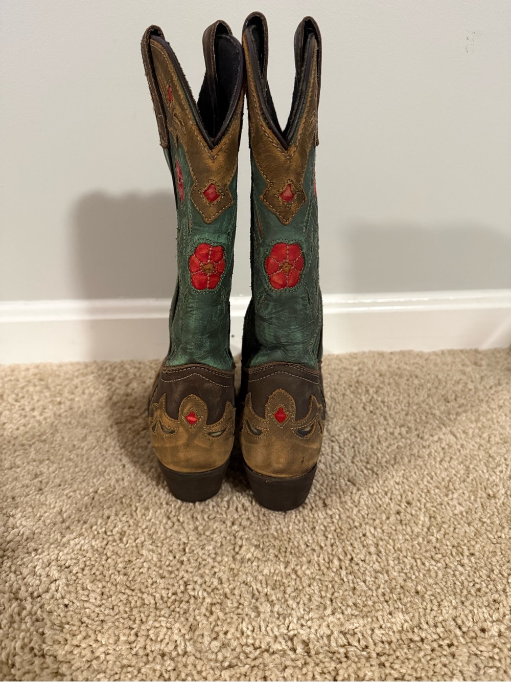 Laredo Brown and Green Embroidered Western Heeled Boots - Picture 3 of 5